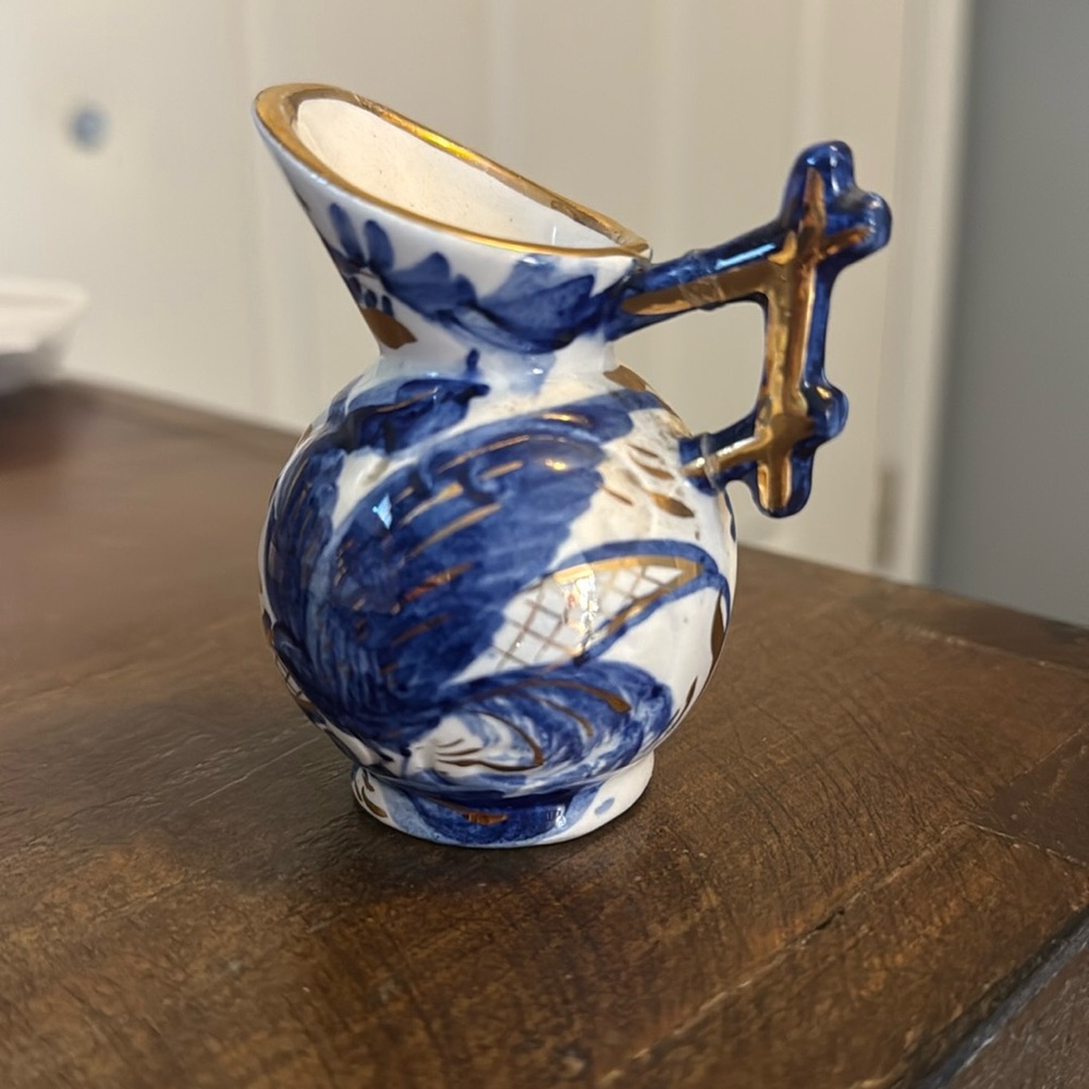 Vintage Miniature Vase/Pitcher Belgium Cobalt blue porcelain With 24k Gold Decor